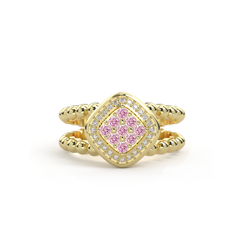 Bague double anneau en or jaune sertie d un damier de neuf saphir rose precieux et encercle de diamants