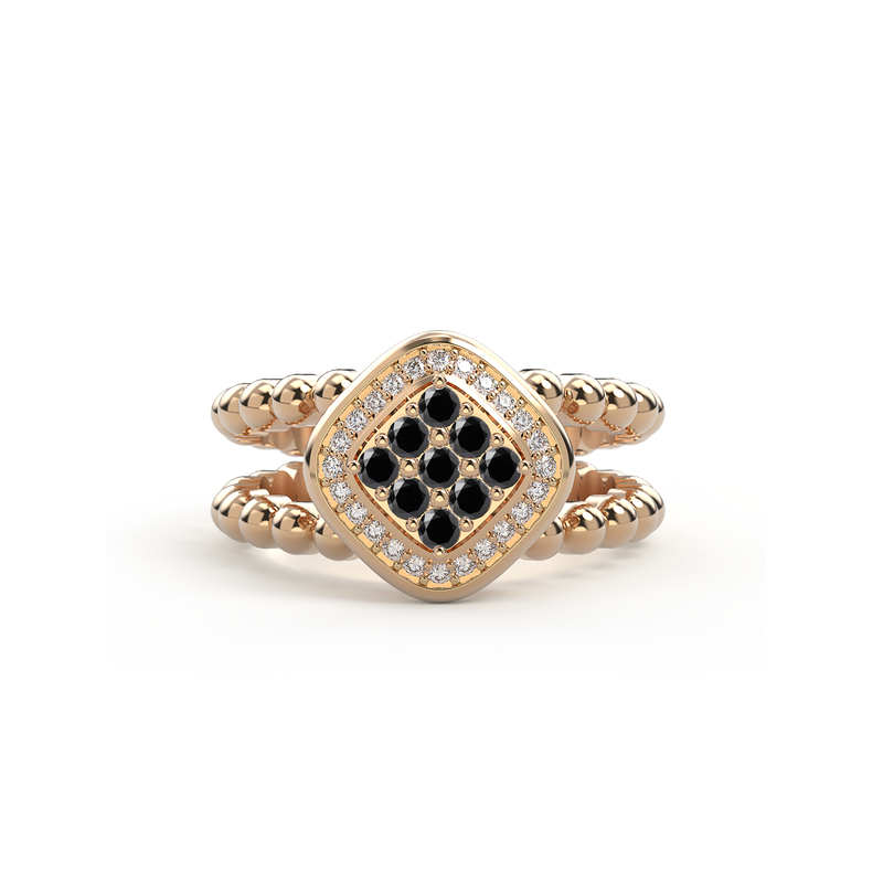 Bague double anneau en or rose sertie d un damier de neuf diamant noir precieux et encercle de diamants