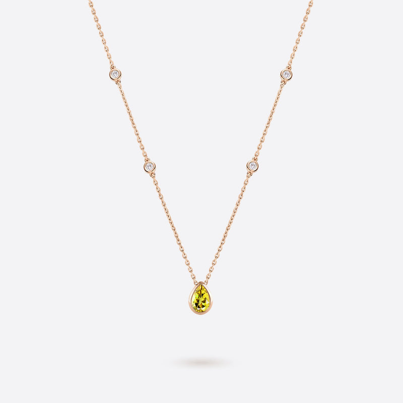 collier en or rose 18k accompagne de diamants et citrine jaune en forme de poire