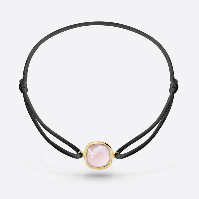 Bracelet cordon noir argent 925 plaque jaune serti d une pierre fine quartz rose
