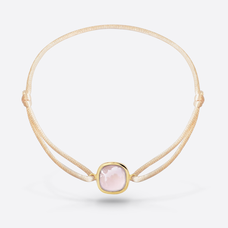 Bracelet cordon nude argent 925 plaque jaune serti d une pierre fine quartz rose