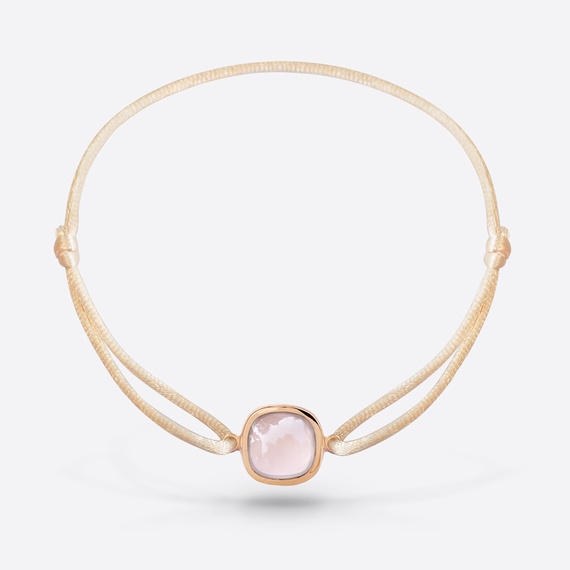 Bracelet cordon nude or rose serti d une pierre fine quartz rose