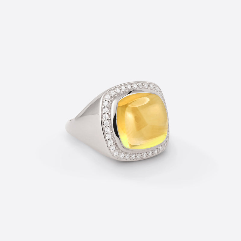 Bague chevalière en argent rhodié avec diamants et pierre fine citrine sous forme coussin