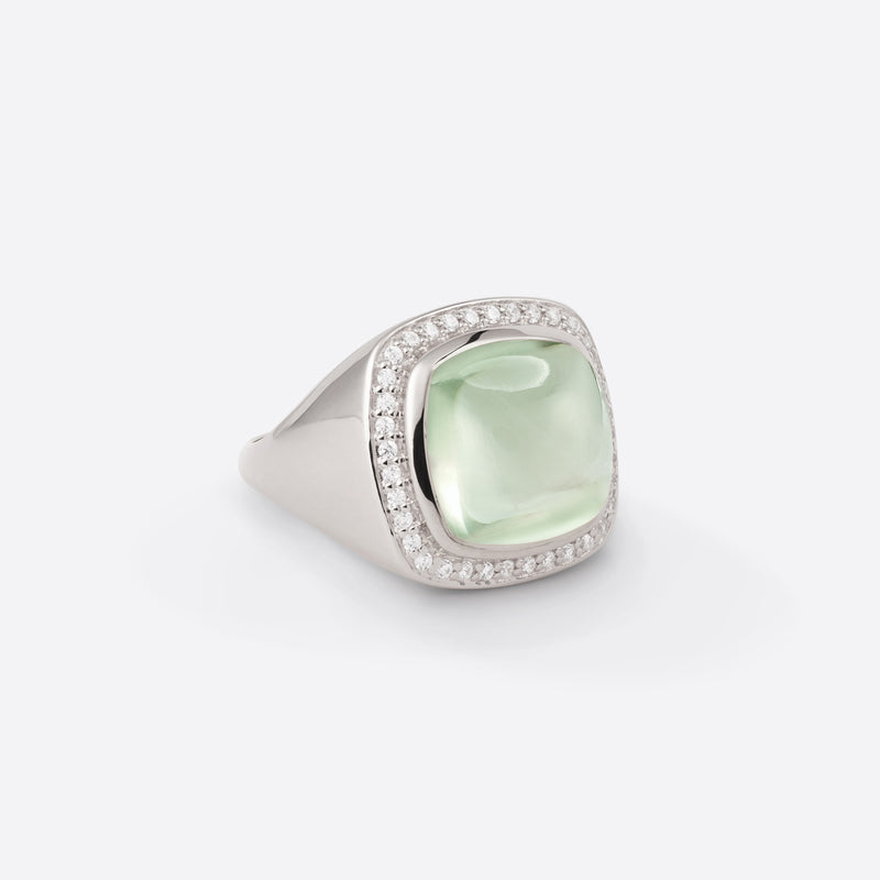 Bague chevalière en argent rhodié avec diamants et pierre fine prasiolite sous forme coussin