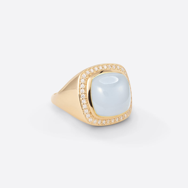 Bague chevalière pour femme en argent plaqué or jaune 18k avec diamants et pierre fine calcédoine sous forme coussin