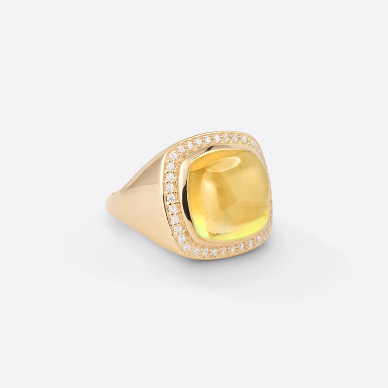 Bague chevalière pour femme en or jaune 18k avec diamants et pierre fine citrine sous forme coussin