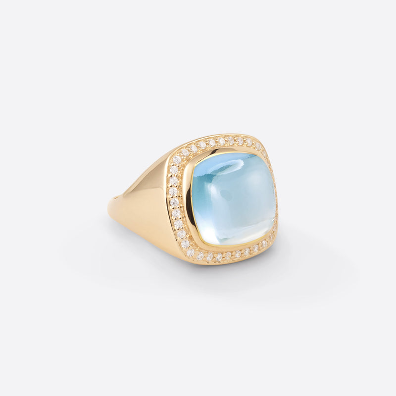 Bague chevalière pour femme en argent plaqué or jaune 18k avec diamants et pierre fine topaze bleue sous forme coussin