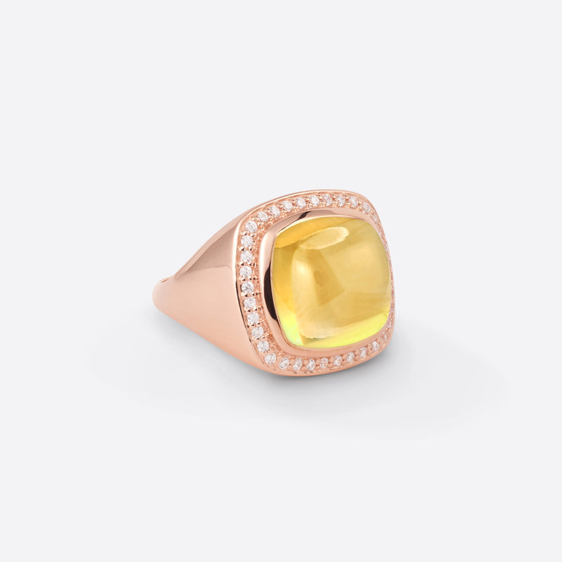 Bague chevalière pour femme en or rose 18k avec diamants et pierre fine citrine sous forme coussin