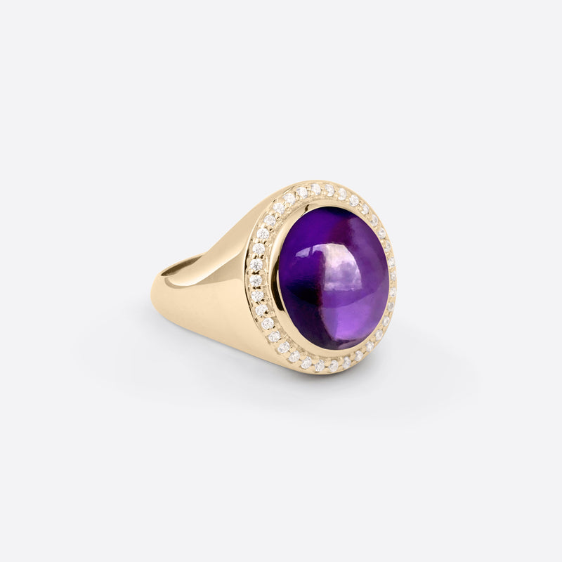 Bague chevalière pour femme en argent plaque or jaune 18k avec diamants et pierre fine amethyste sous forme ovale