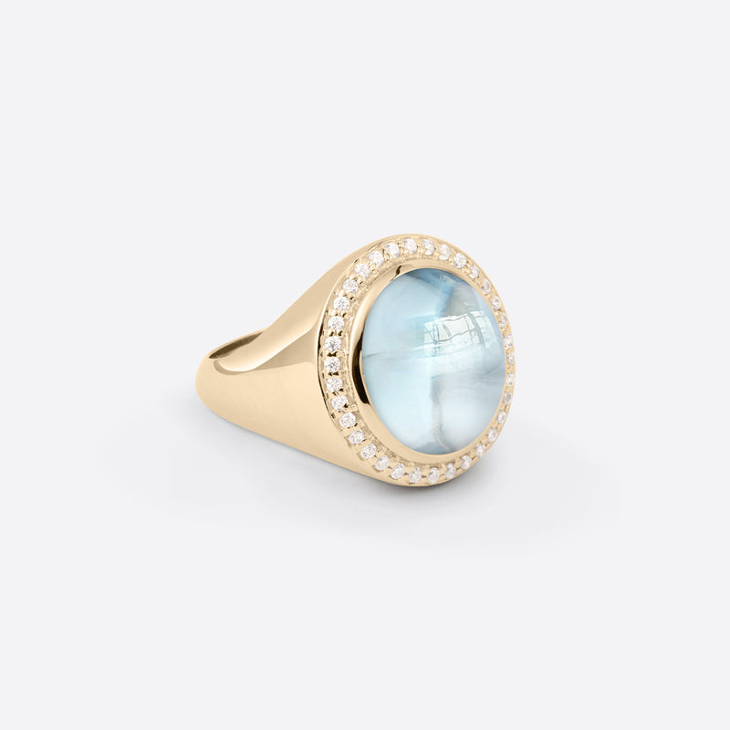 Bague chevalière pour femme en argent plaque or jaune 18k avec diamants et pierre fine topaze bleue sous forme ovale