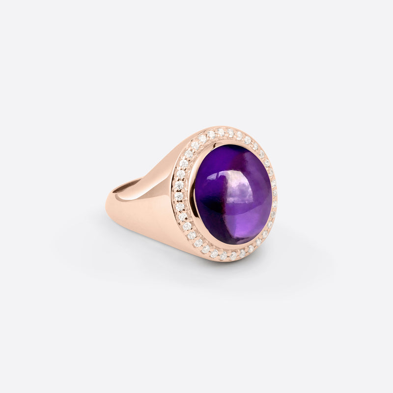 Bague chevalière pour femme en argent plaque or rose 18k avec diamants et pierre fine amethyste sous forme ovale