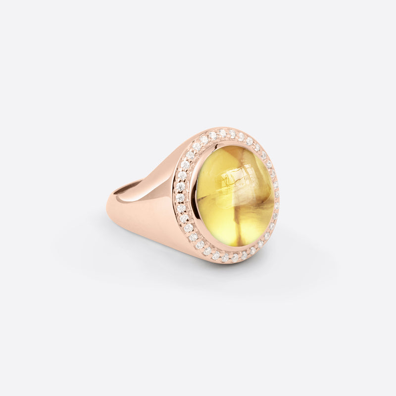 Bague chevalière pour femme en or rose 18k avec diamants et pierre fine citrine sous forme ovale