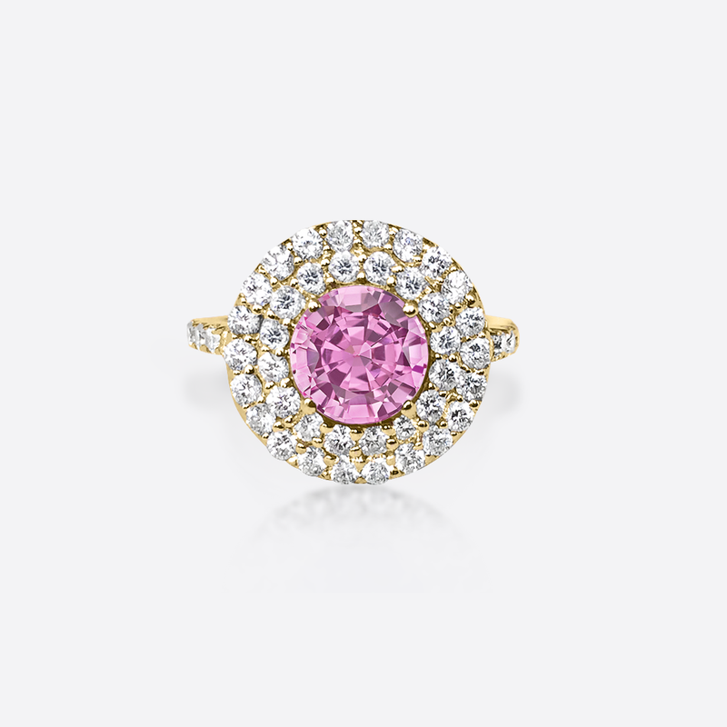 Bague de fiancaille femme or jaune, diamants et saphir rose.