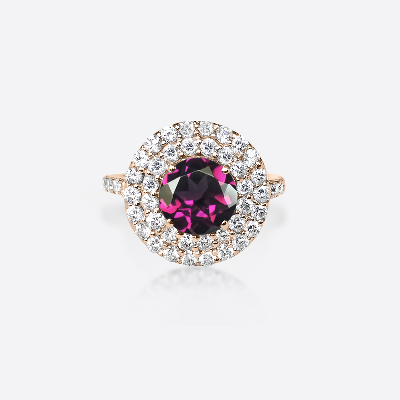 Bague de fiancaille femme or rose, diamants et rhodolite.