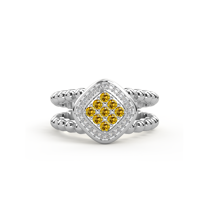 Bague double anneau en or blanc sertie d un damier de neuf pierre citrine et encercle de diamants