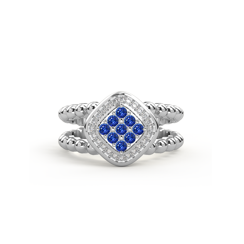 Bague double anneau en or blanc sertie d un damier de neuf saphir bleu precieux et encercle de diamants