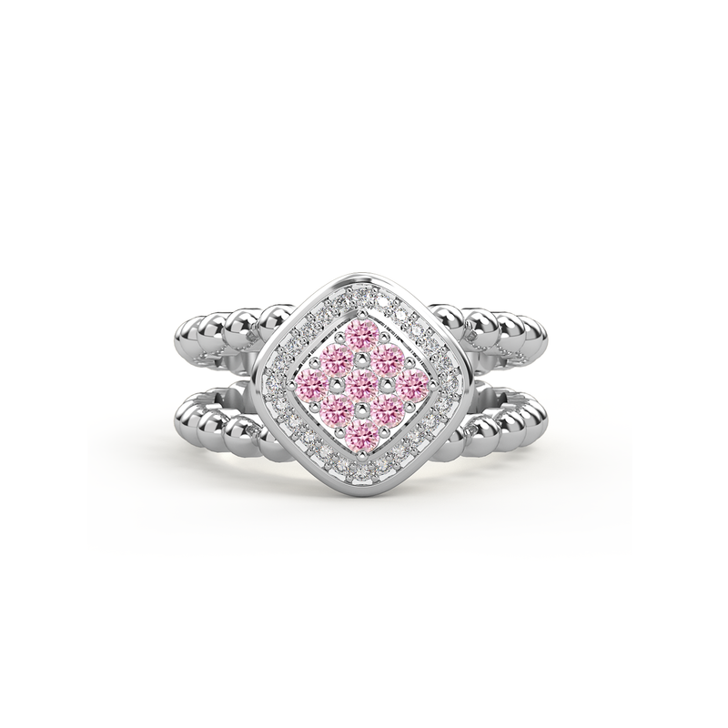 Bague double anneau en argent rhodie sertie d un damier de neuf saphir rose precieux et encercle de diamants