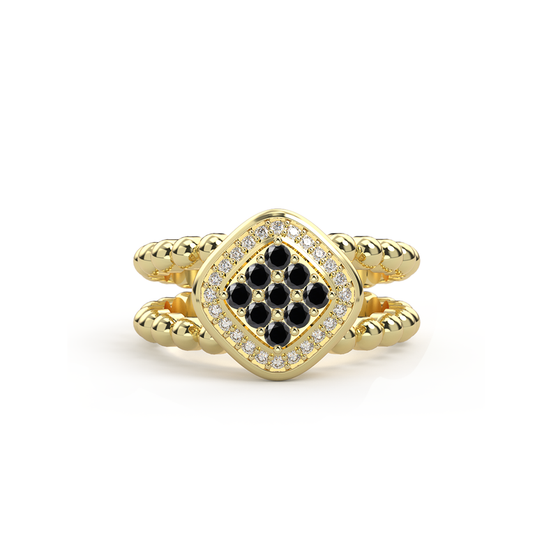 Bague double anneau en or jaune sertie d un damier de neuf diamant noir precieux et encercle de diamants