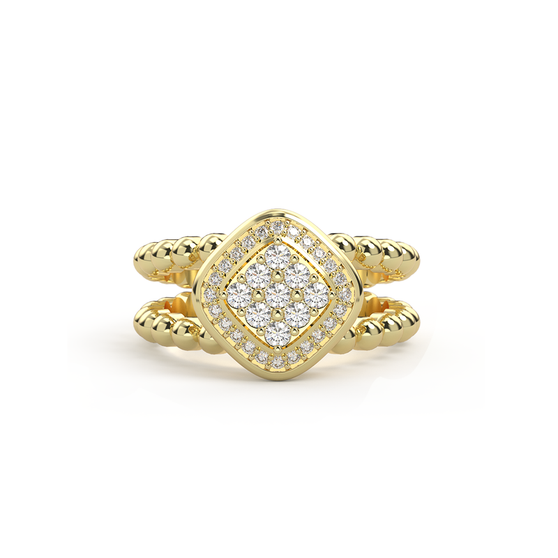 Bague double anneau en or jaune sertie d un damier de neuf diamants precieux et encercle de diamants