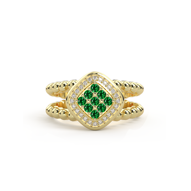 Bague double anneau en argent plaqué or jaune 18k sertie d un damier de neuf emeraude precieux et encercle de diamants
