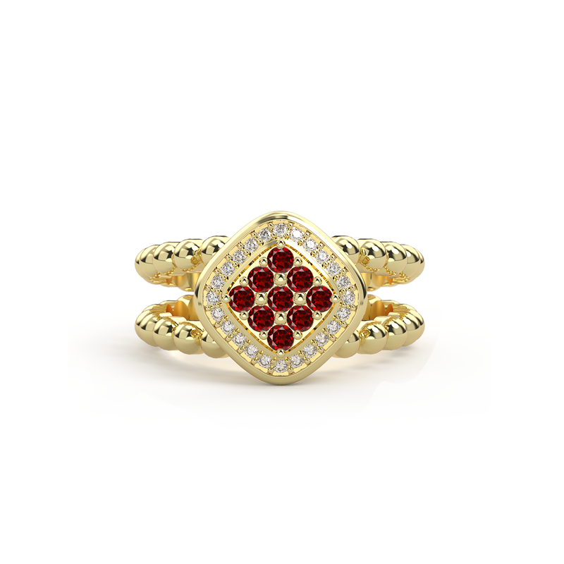 Bague double anneau en argent plaqué or jaune 18k sertie d un damier de neuf pierres grenat et encercle de diamants