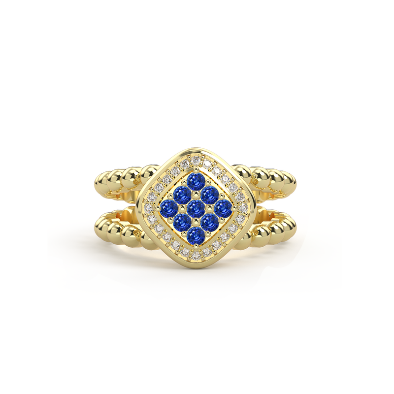 Bague double anneau en or jaune sertie d un damier de neuf saphir bleu precieux et encercle de diamants
