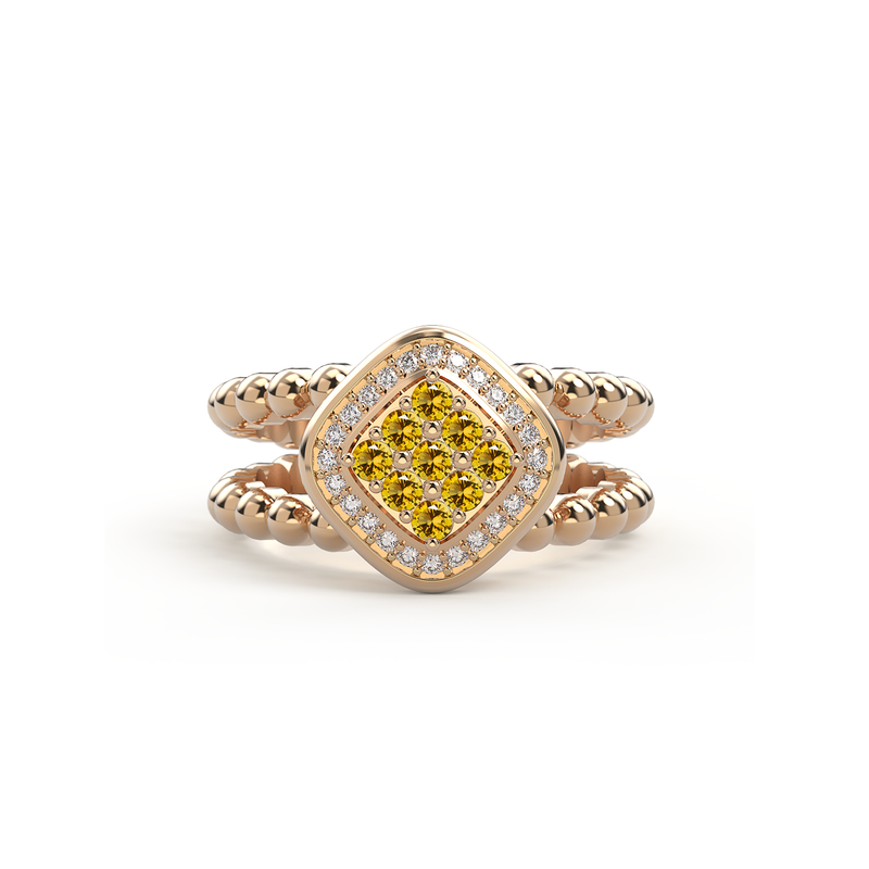 Bague double anneau en or rose sertie d un damier de neuf pierre citrine   precieuses et encercle de diamants
