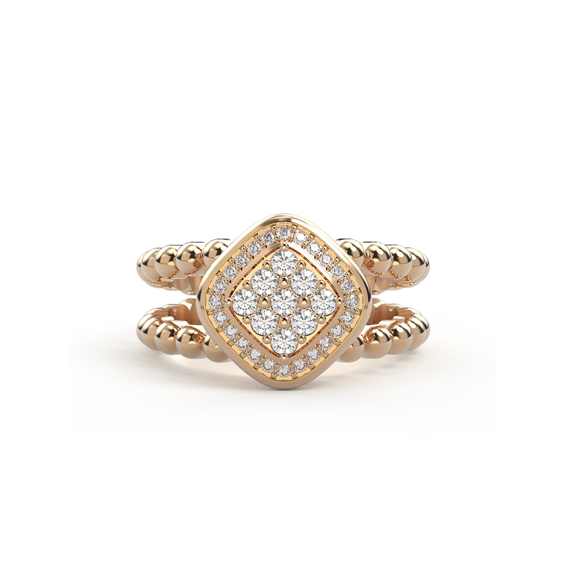 Bague double anneau en or rose sertie d un damier de neuf diamant precieux et encercle de diamants