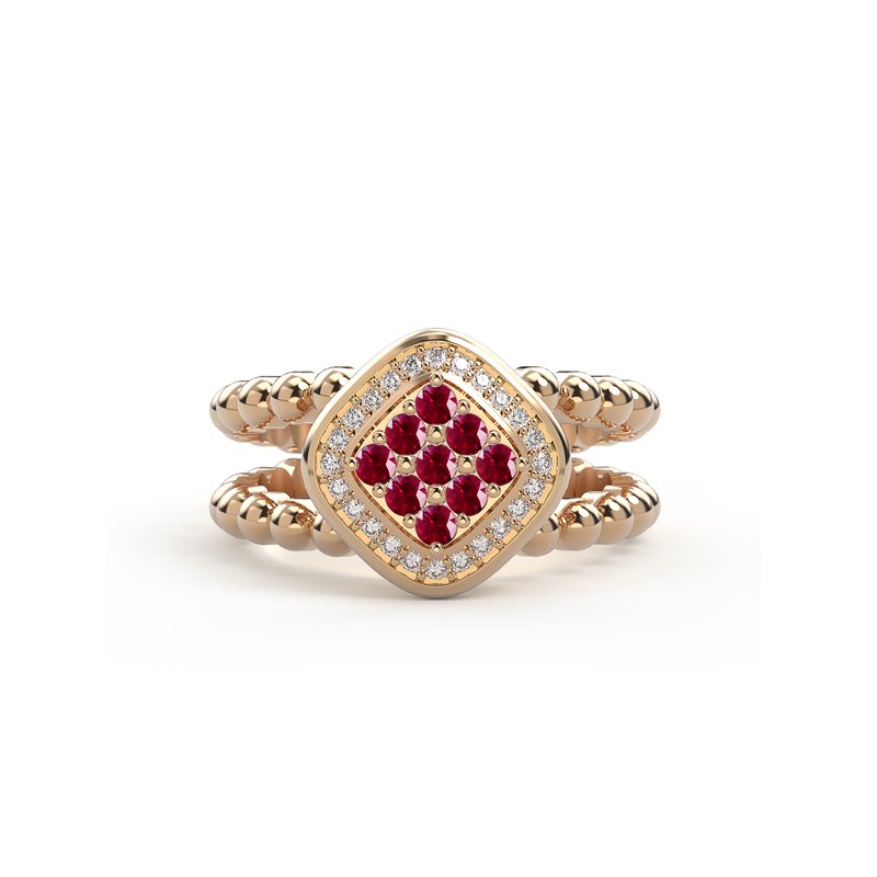 Bague double anneau en or rose sertie d un damier de neuf rubis  precieux et encercle de diamants
