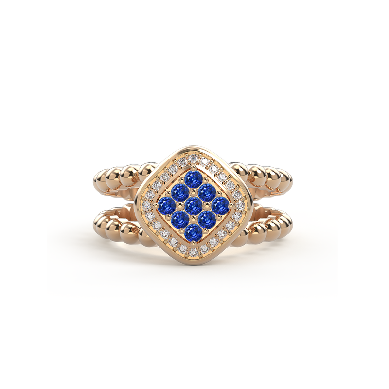 Bague double anneau en argent plaqué or rose 18k sertie d un damier de neuf saphir bleu precieux et encercle de diamants