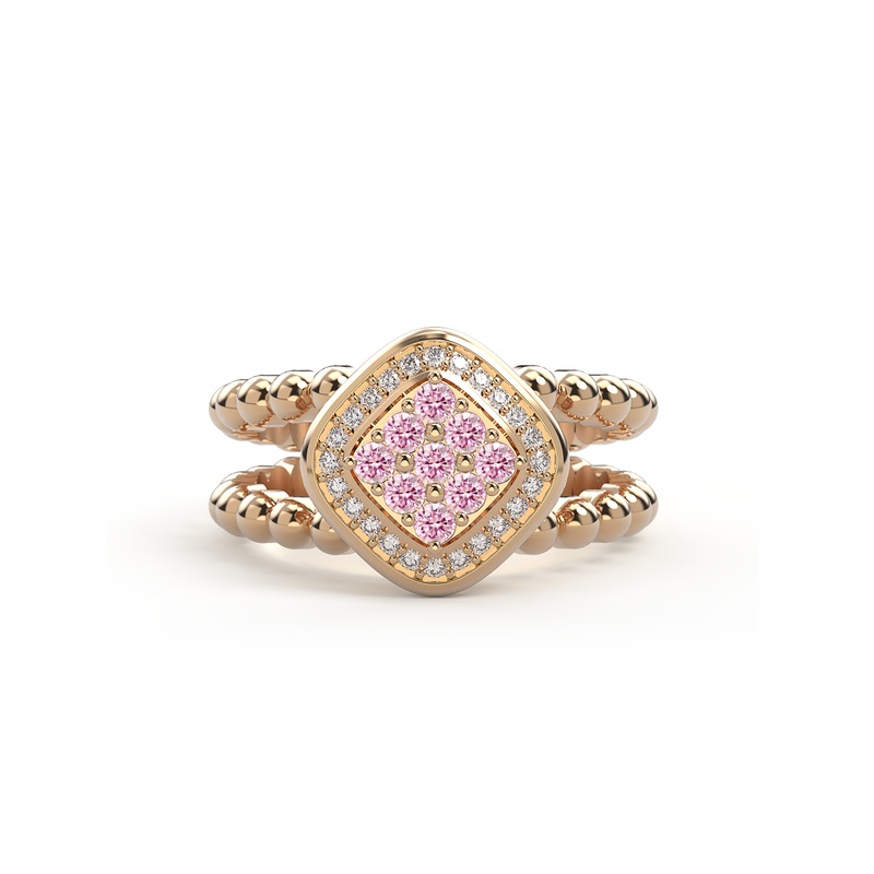 Bague double anneau en or rose sertie d un damier de neuf saphir rose precieux et encercle de diamants