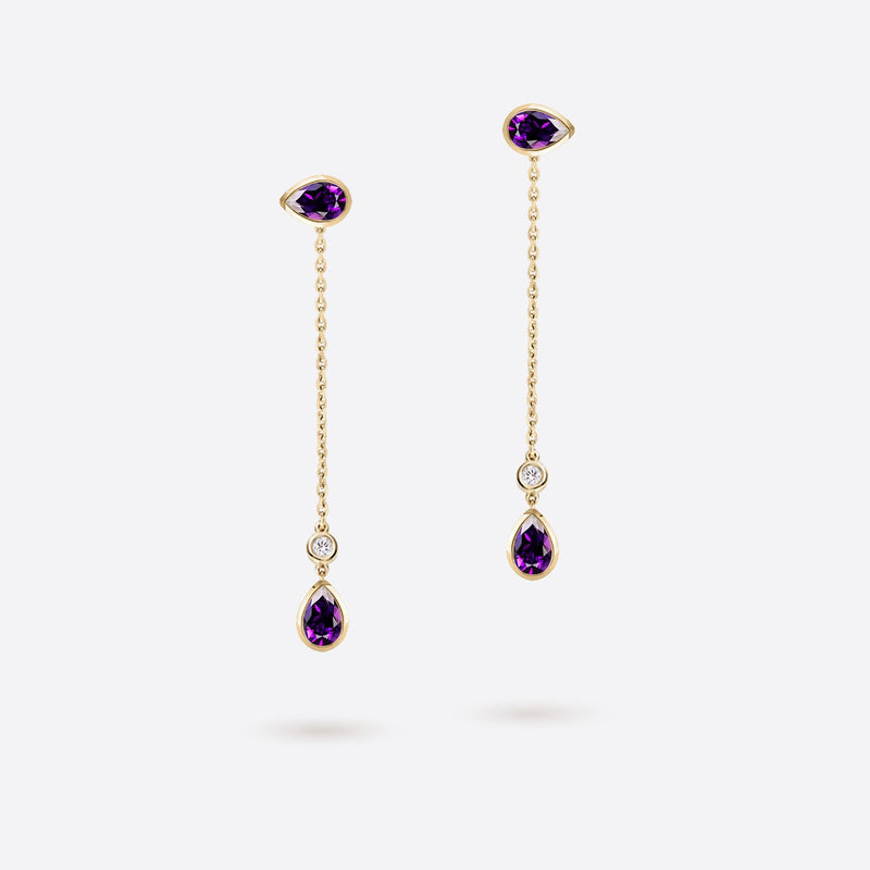boucles d oreilles pendantes en forme de poire en or jaune 18k serties de pierres amethyste violettes et diamants