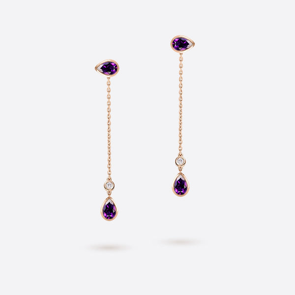 boucles d oreilles pendantes en forme de poire en or rose 18k serties de pierres amethyste violettes et diamants