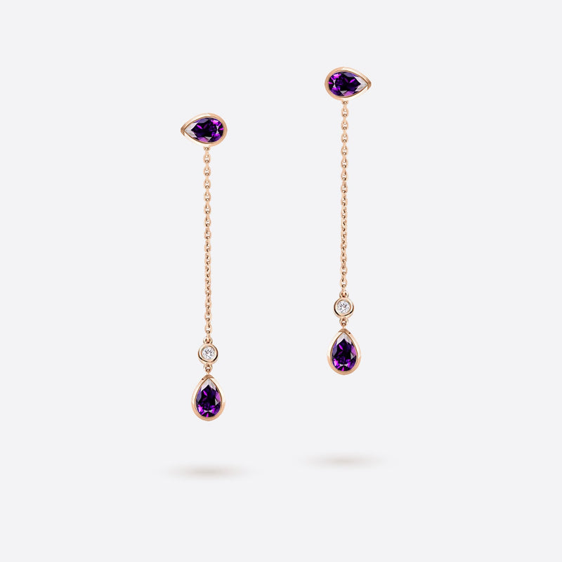 boucles d oreilles pendantes en forme de poire en or rose 18k serties de pierres amethyste violettes et diamants