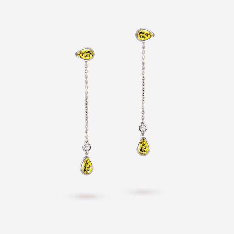 boucles d oreilles pendantes en forme de poire en or blanc 18k serties de pierres citrine jaunes et diamants