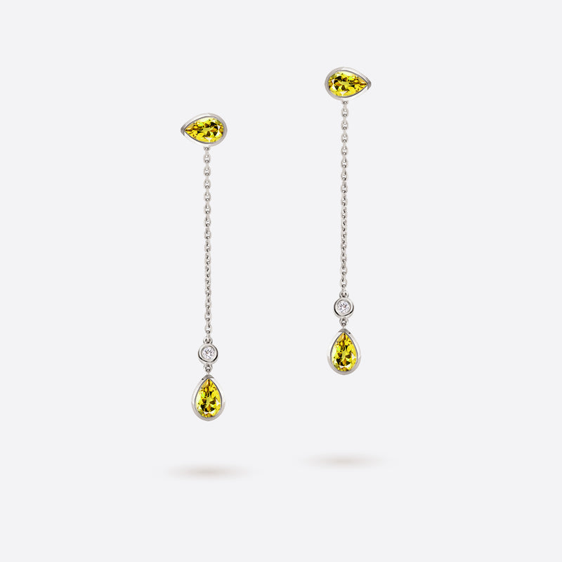 boucles d oreilles pendantes en forme de poire en argent rhodie serties de pierres citrine jaunes et diamants