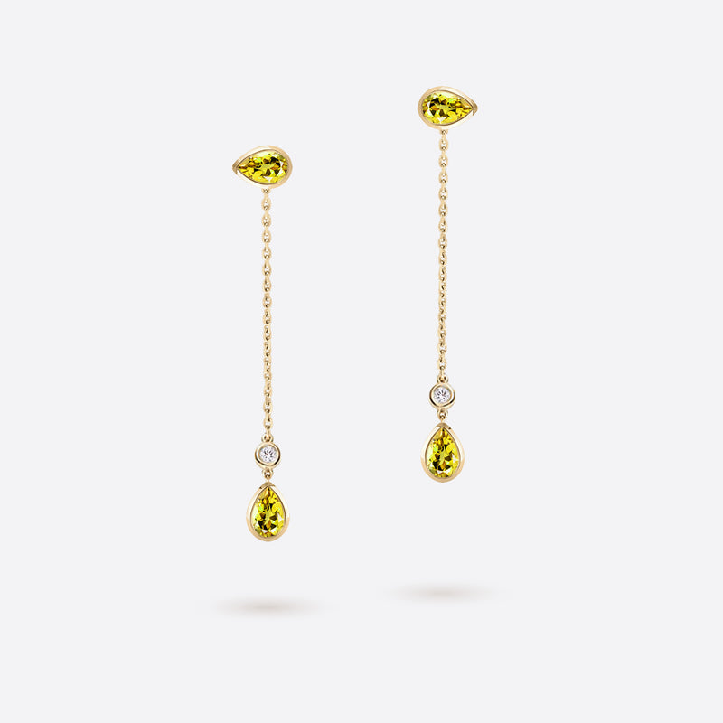 boucles d oreilles pendantes en forme de poire en argent plaque or jaune serties de pierres citrine jaunes et diamants