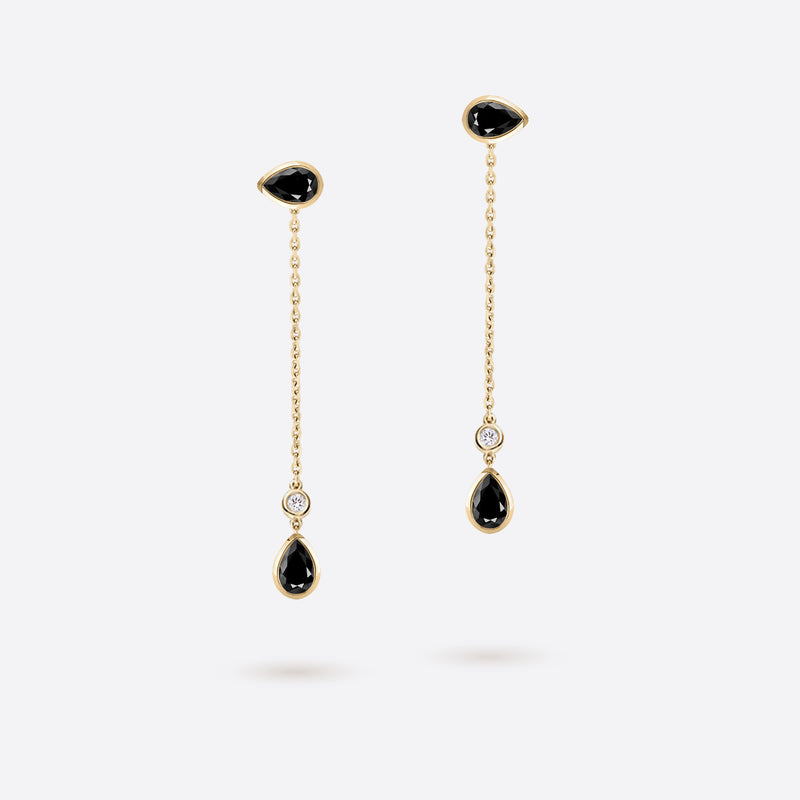 boucles d oreilles pendantes en forme de poire en argent plaque or jaune serties de pierres spinelle noires et diamants