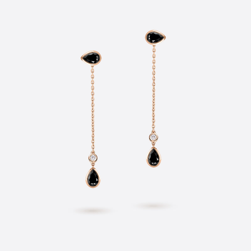 boucles d oreilles pendantes en forme de poire en argent plaque or rose serties de pierres spinelle noires et diamants