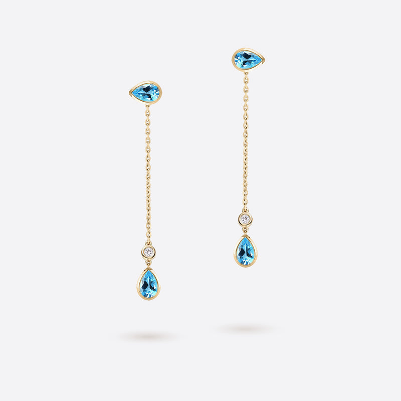 boucles d oreilles pendantes en forme de poire en argent plaque or jaune serties de pierres topaze bleue et diamants