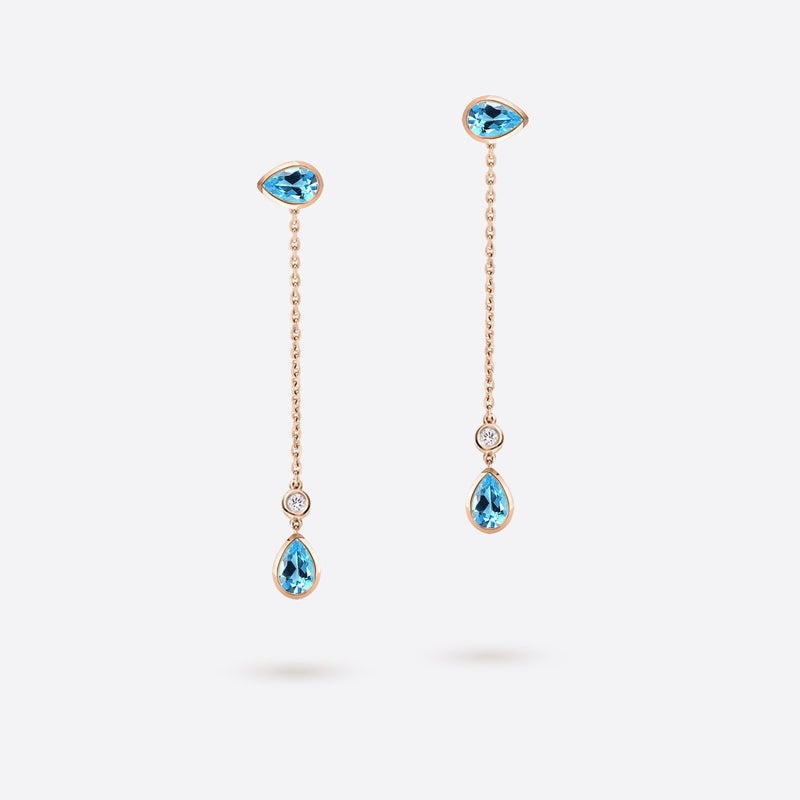 boucles d oreilles pendantes en forme de poire en or rose 18k serties de pierres topaze bleue et diamants