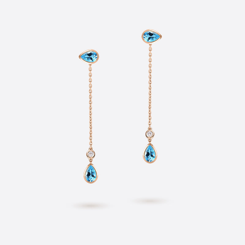 boucles d oreilles pendantes en forme de poire en argent plaque or rose serties de pierres topaze bleue et diamants