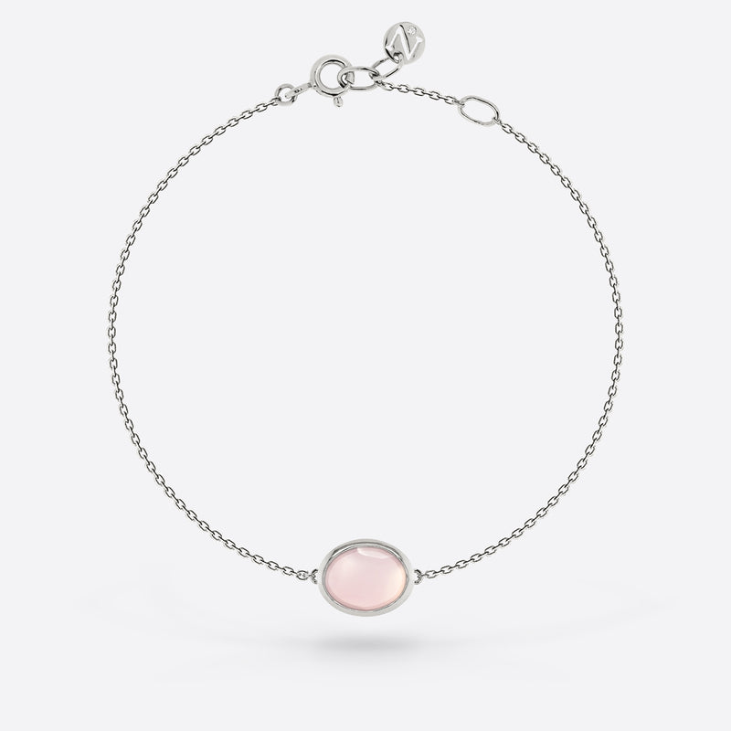 Bracelet chaîne or blanc  serti d une pierre quartz rose en forme ovale