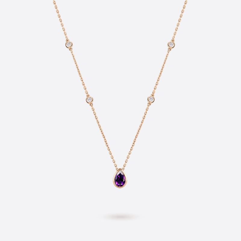 collier en or rose 18k accompagne de diamants et amethyste violette en forme de poire