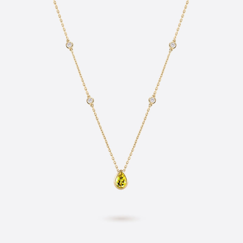 collier en or jaune 18k accompagne de diamants et citrine jaune en forme de poire