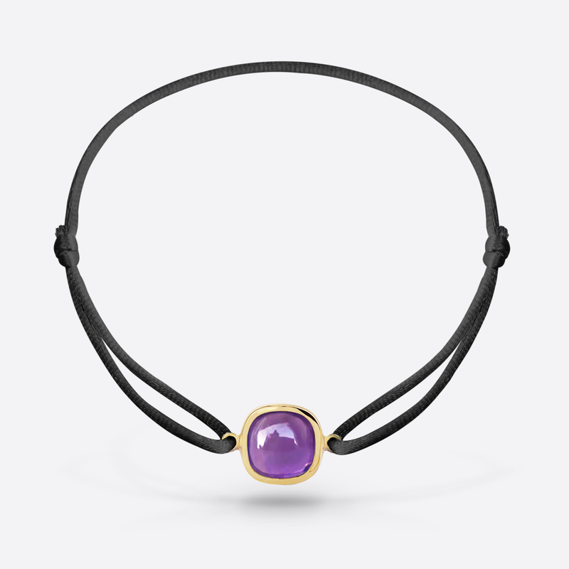 Bracelet cordon noir or jaune serti d une pierre fine amethyste