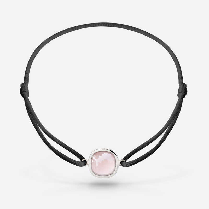 Bracelet cordon noir or blanc serti d une pierre fine quartz rose