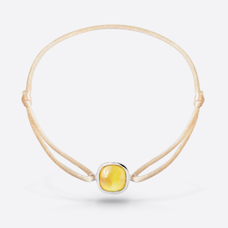 Bracelet cordon nude or blanc serti d une pierre fine citrine