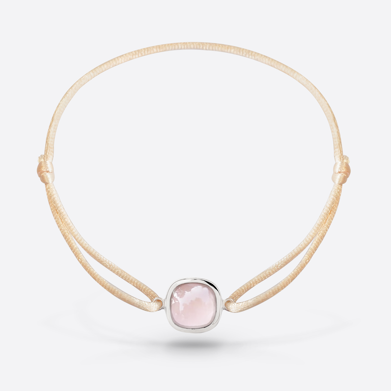 Bracelet cordon nude or blanc serti d une pierre fine quartz rose